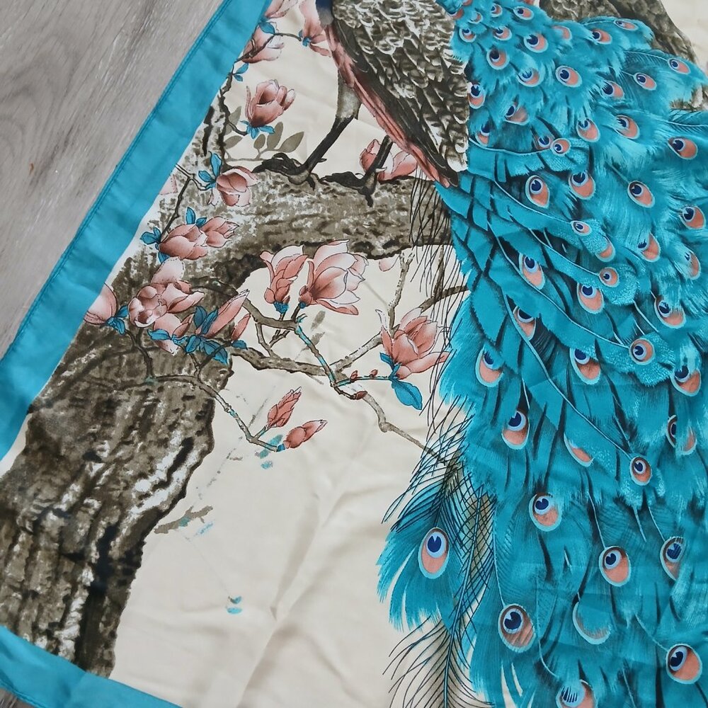 Super Large Teal Peacock and Cherry Blossom Scarf Wrap - Picture 4 of 9